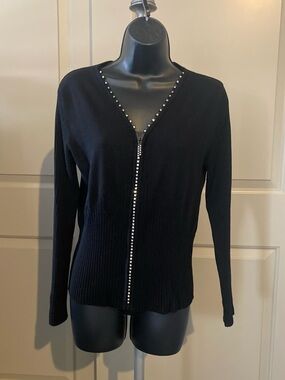 Black Rhinestone Trim Zip Cardigan